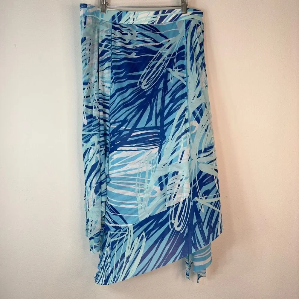 Chicos Blue Abstract Mesh Midi Skirt Asymmetrical Hem Womens XL Pull‎ On NWT